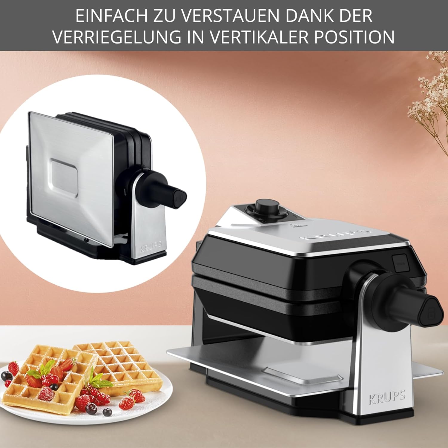 KRUPS Doppelwaffeleisen Professional, drehbares Waffeleisen für 2 belgische Waffeln, knusprig & gleichmäßig backen, 7 Bräunungsstufen und Antihaftbeschichtung, spülmaschinengeeignet, Edelstahl/Schwarz