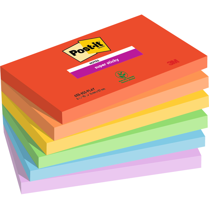 Post-it Haftnotizen Super Sticky Playful, 76 x 127 mm, 6 x 90 Blatt