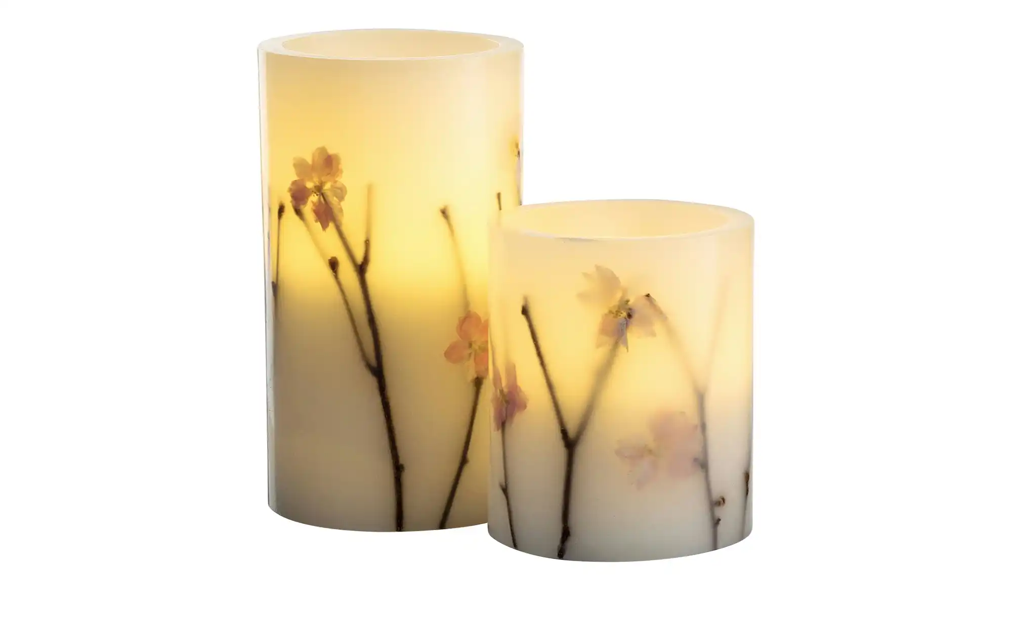 LED-Echtwachs-Kerzen 2er-Set, weiß mit Blumen