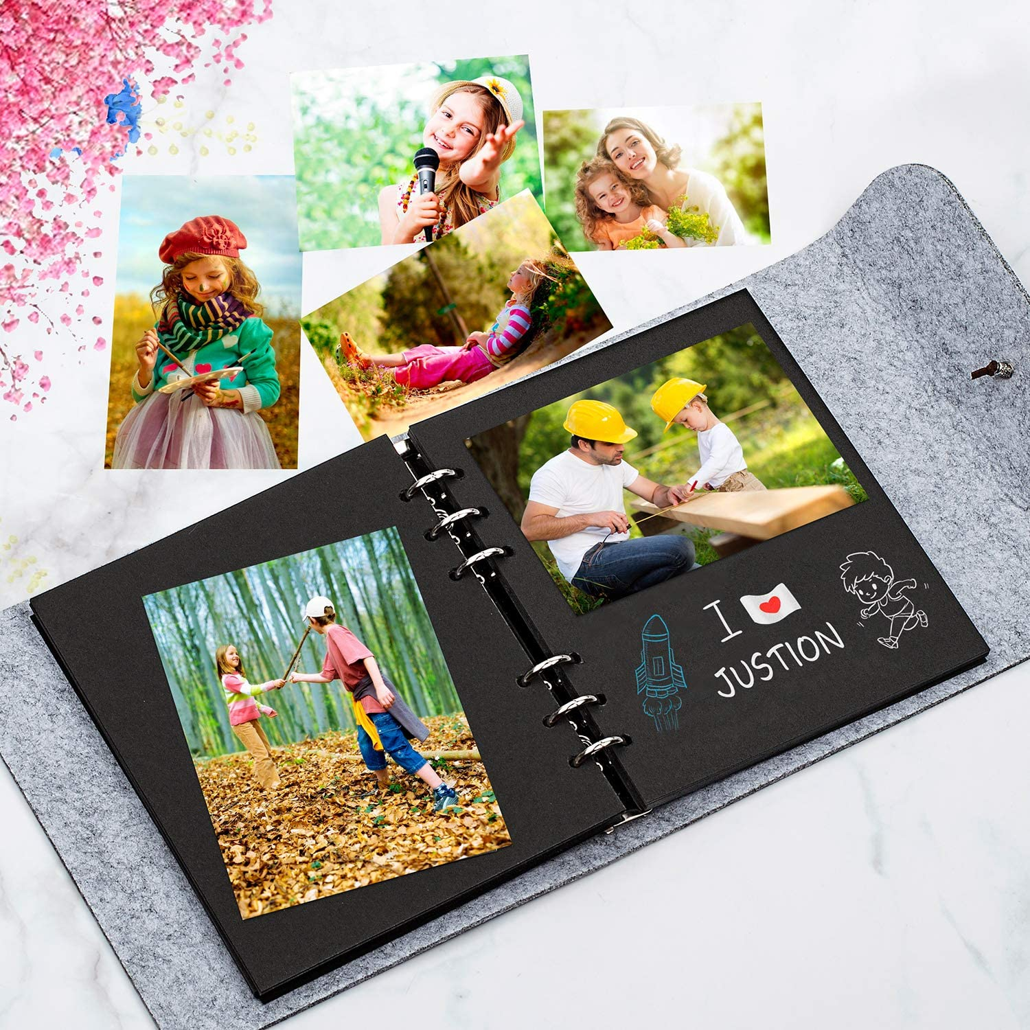 (25x25cm) Spiral Album im Filz Cover 30 Seiten DIY Foto Buch mit Lederband Verschluss - Grau