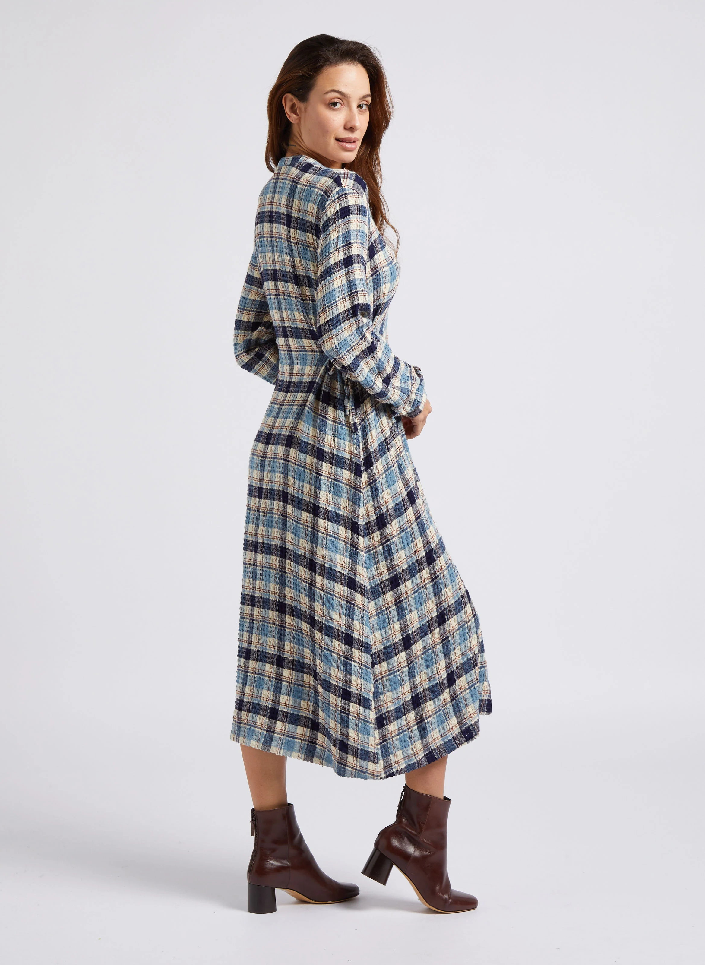 Robe longue droite à col V | Beige