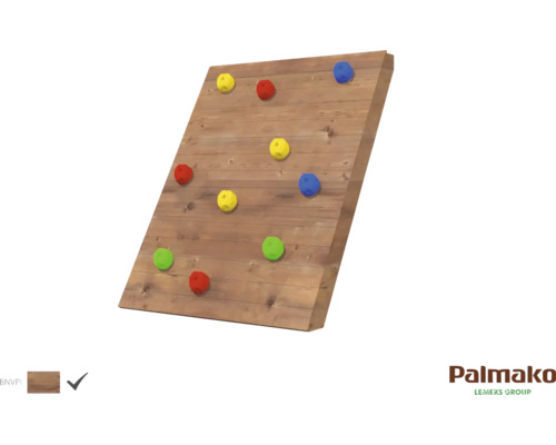 Klimwand Palmako, 102 x 11 cm, bruin hout, bestaande uit klimgrepen en een houten helling.