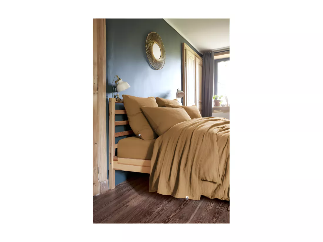 Drap plat 240 x 300 cm en double gaze de coton camel - PEPA