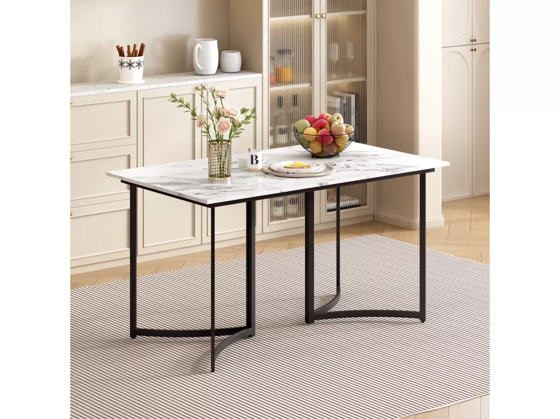 Table à manger rectangulaire 4 à 6 couverts - 140 x 80 x 75.5 cm - MDF et pièds en métal - Effet marbre - Blanc