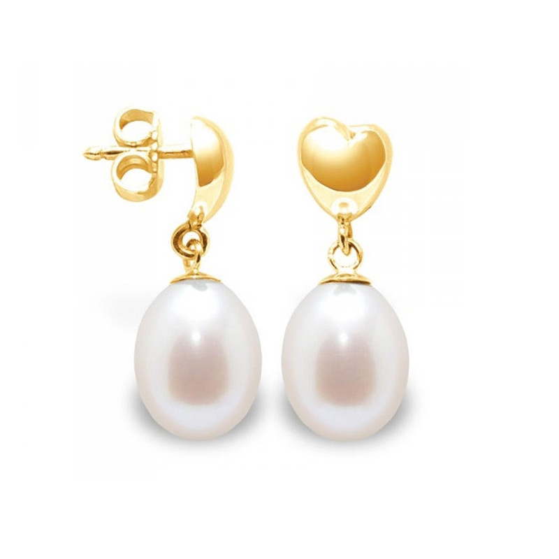 Boucles d'Oreilles Coeurs Pendantes Perles de Culture Blanches et or jaune 375/1000