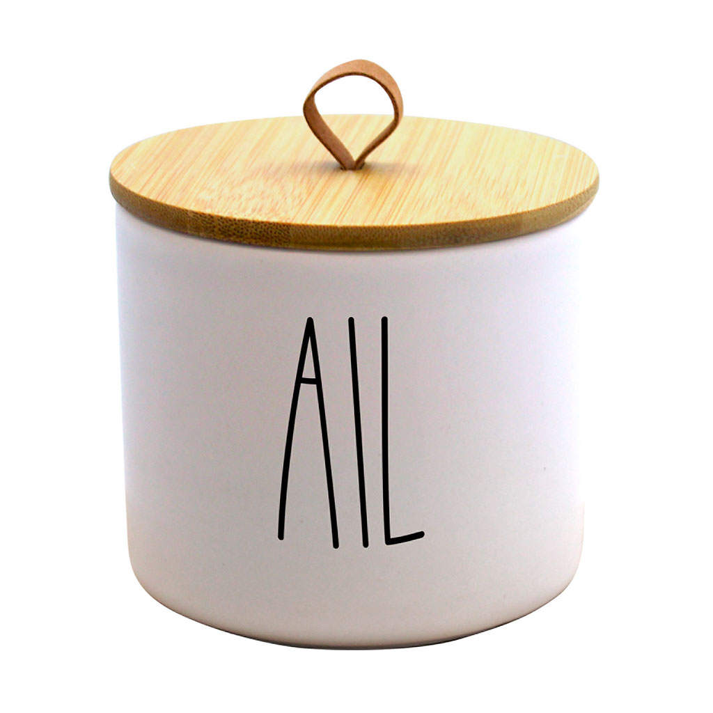 Pot à ail céramique et couvercle bambou blanc D 9.6x9.1cm