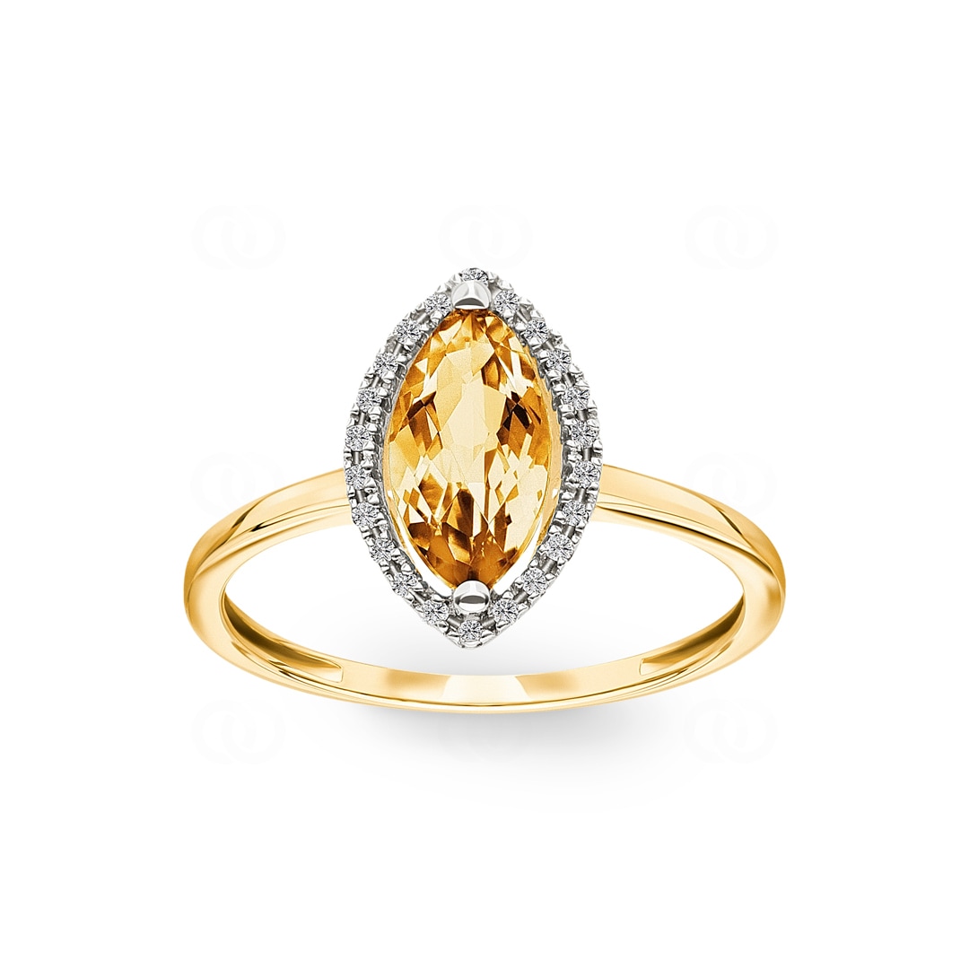 Damenring 750/18 K Gelbgold mit Citrin Marquise und Diamanten 0.06 ct H/si