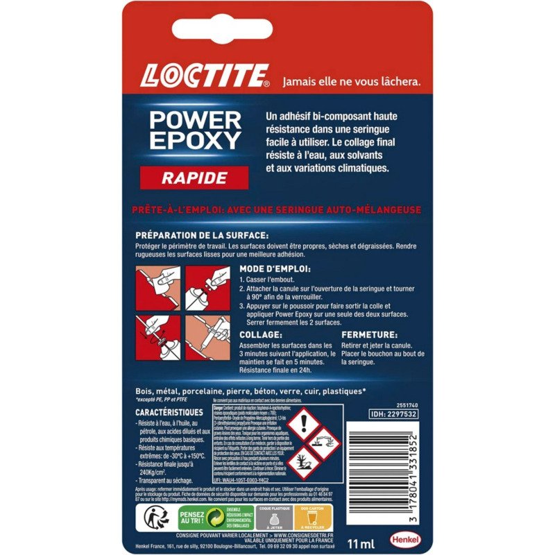 Colle Power Epoxy Rapide 5 minutes, invisible Loctite -  Tube de 11 ml