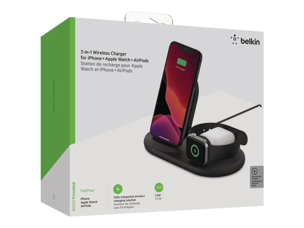 Belkin BoostCharge - Trådløs opladningsstander - 7.5 Watt - sort - for Apple AirPods; AirPods Pro; iPhone 11, 12, 7, 8, SE, X, XR, XS, XS Max; Watch