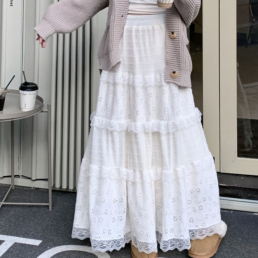Monroll - Maxi A-lijn rok met elastische taille en ruches en kant
