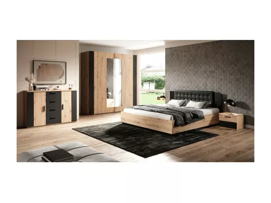 Chambre compléte FOX : Lit coffre 180x200, Armoire, commode, chevets, chêne clair et noir