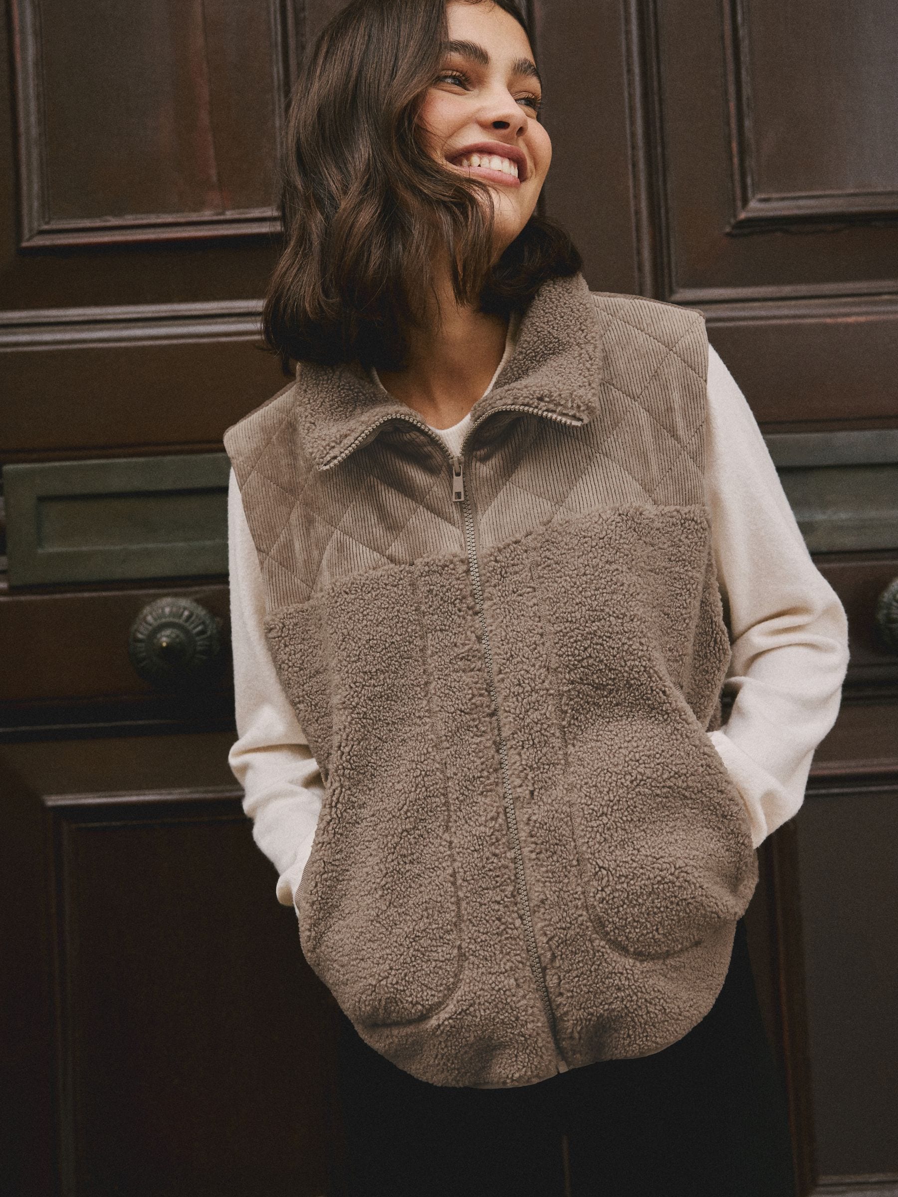 Nertsgrijs/bruin - Cord Borg Mix Zip Through Gilet