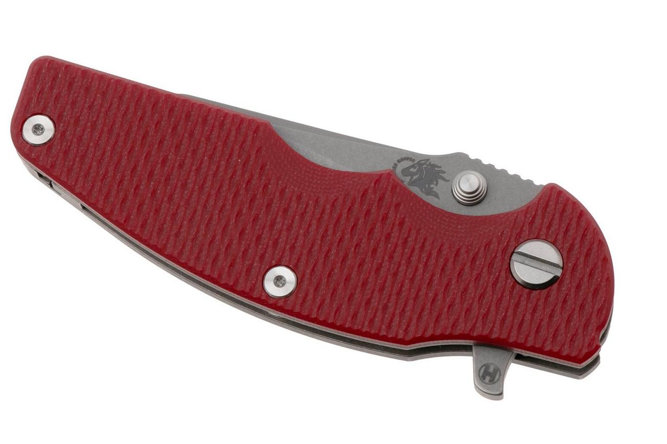 Rick Hinderer Jurassic Slicer, Hollow Ground Magnacut, Working Finish, Red G10, zakmes