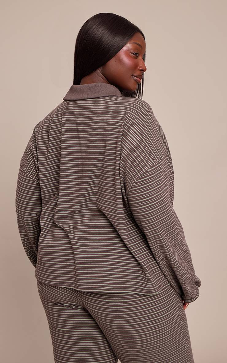 Vert Foncé Sweat-shirt Grande Taille À Col Polo Zippé Quart En Polaire Douce Rayée Coordonné