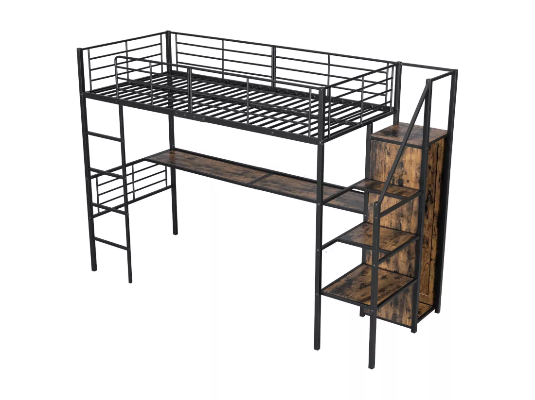 Lit mezzanine 90 x 200 cm avec bureau, armoire et marches de rangement - Métal + MDF - Noir (sans matelas)
