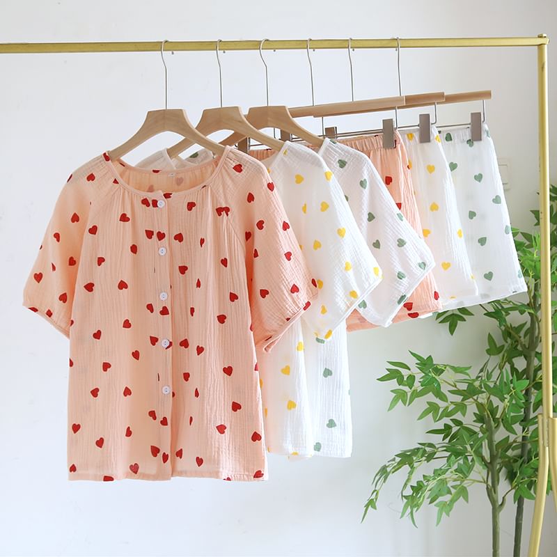 MelMount - Pyjamaset: Top met korte mouwen, ronde hals, hartjesprint en knoopjes + shorts met elastische taille
