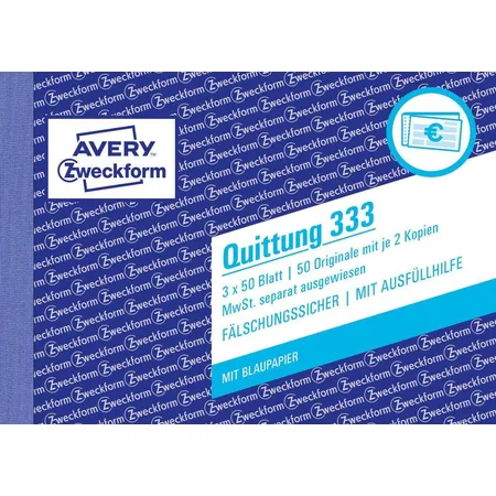 Avery Zweckform 333 Quittung MwSt. separat ausgewiesen, A6 quer, mit Blaupapier, 3x50 Blatt