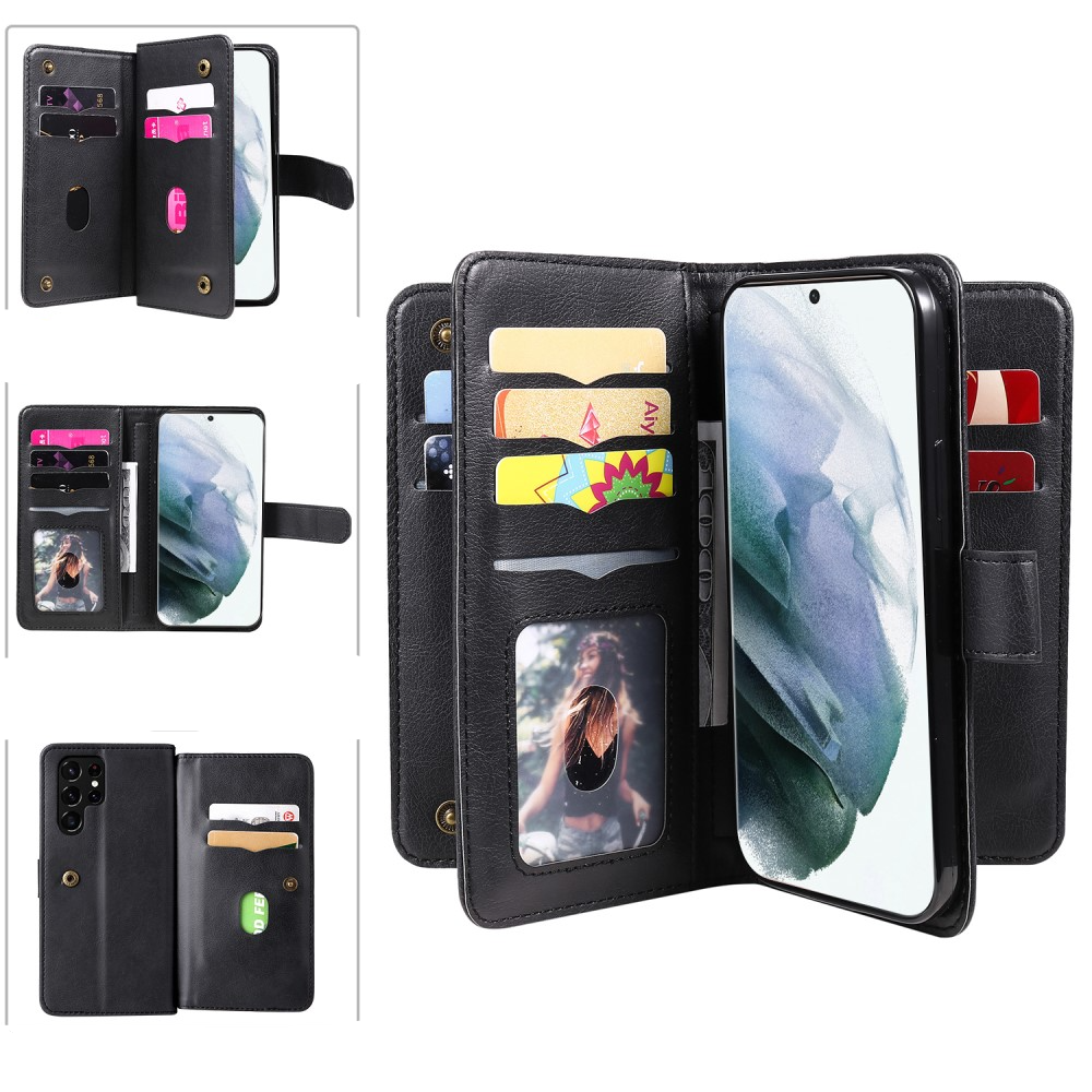 Samsung Galaxy S22 5G Leder Wallet Etui Tasche mit 10 Kartenfächern -  Schwarz