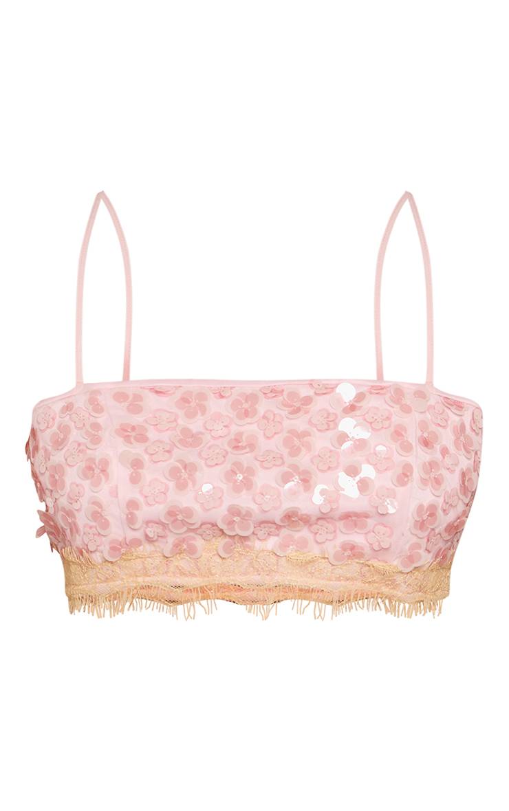Rose Bébé Ensemble Bralette Coordonné Avec Dentelle Et Sequins Fleuris