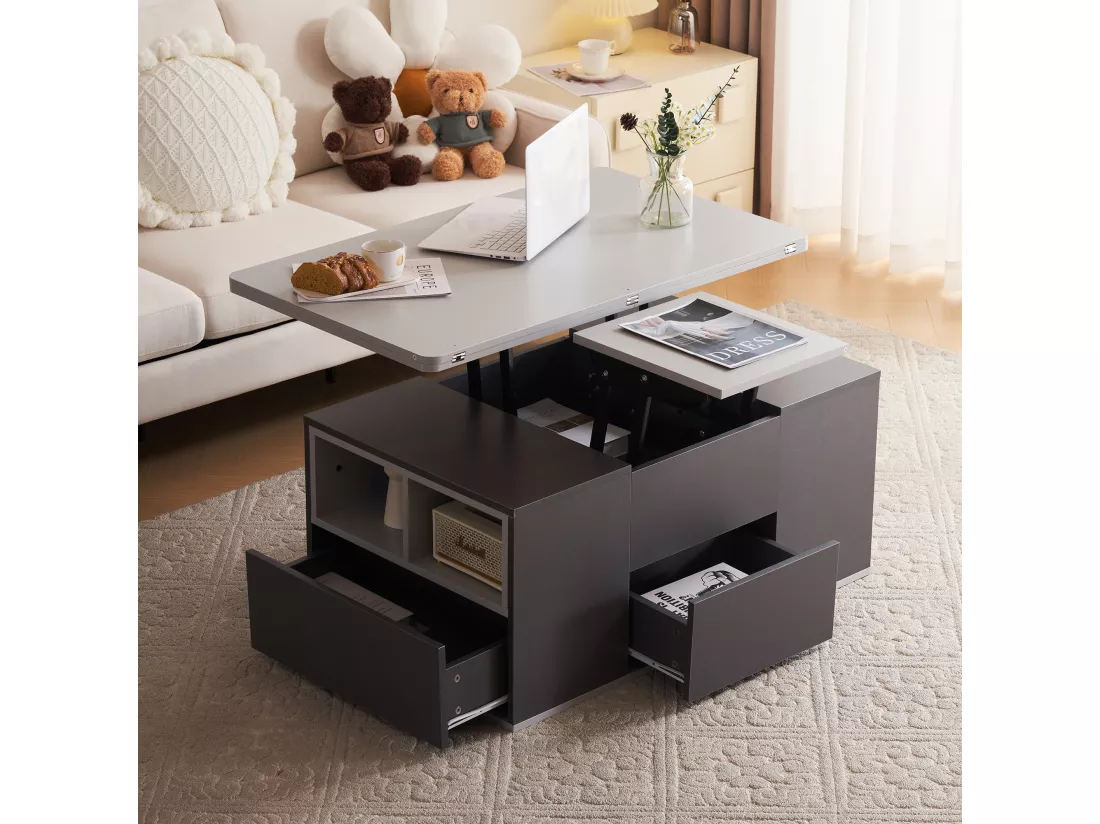 Table basse relevable 2 plateaux 3 tiroirs blanc et gris foncé SCODS