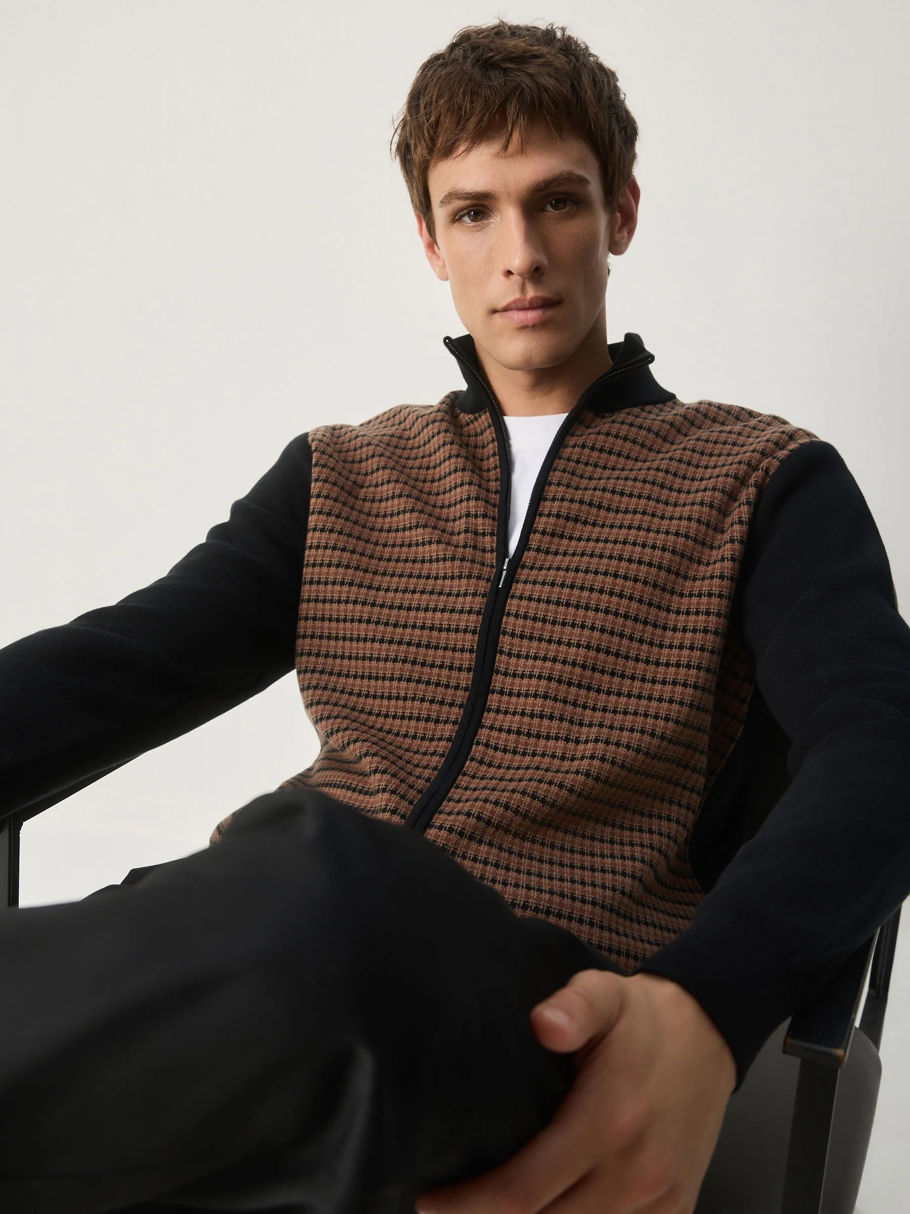 Zwart/bruin - Regular Fit Houndstooth Pattern Collared Zip-Through Cardigan