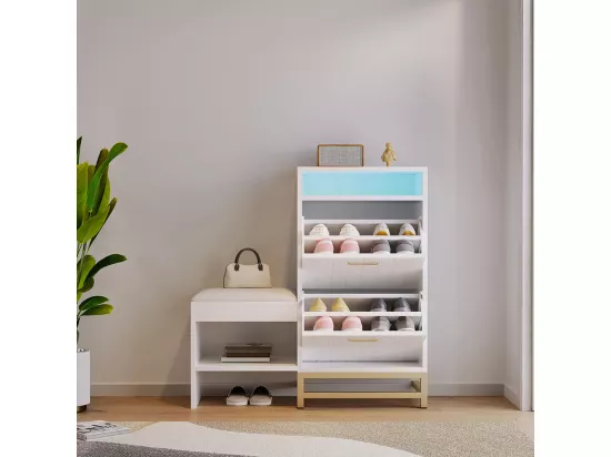 Armoire à chaussures avec 2 couvercles rabattables, banc à chaussures, étagère à chaussures, retourneur de chaussures, avec lumière
