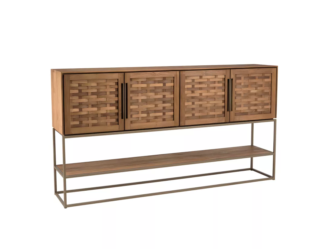 ALIDA - Buffet en bois de teck recyclé 4 portes en tissage de bambou