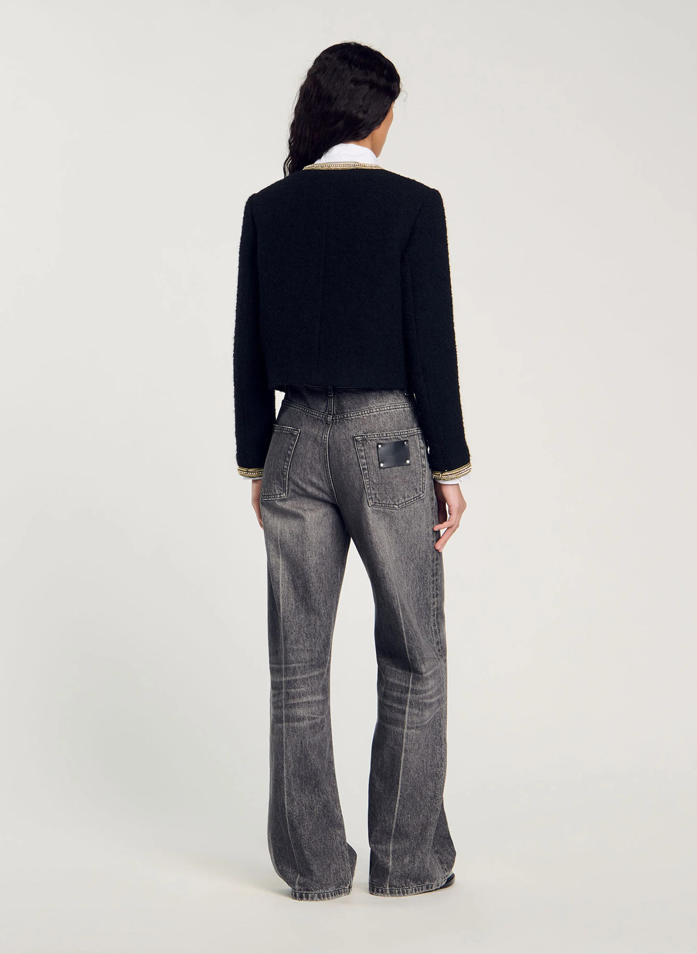 Veste col rond droite en tweed | Noir
