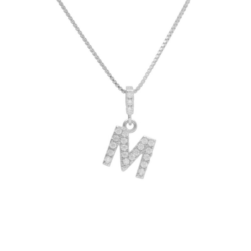 Collier Argent 925/000 Rhodié - Initiale Lettre M Pavée de Zirconiums