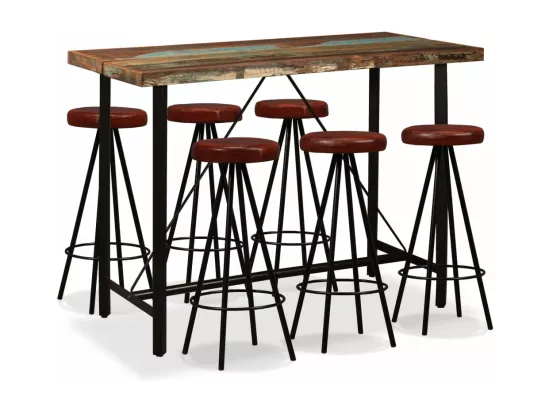 Ensemble de bar 7 pcs Bois massif recyclé et cuir véritable