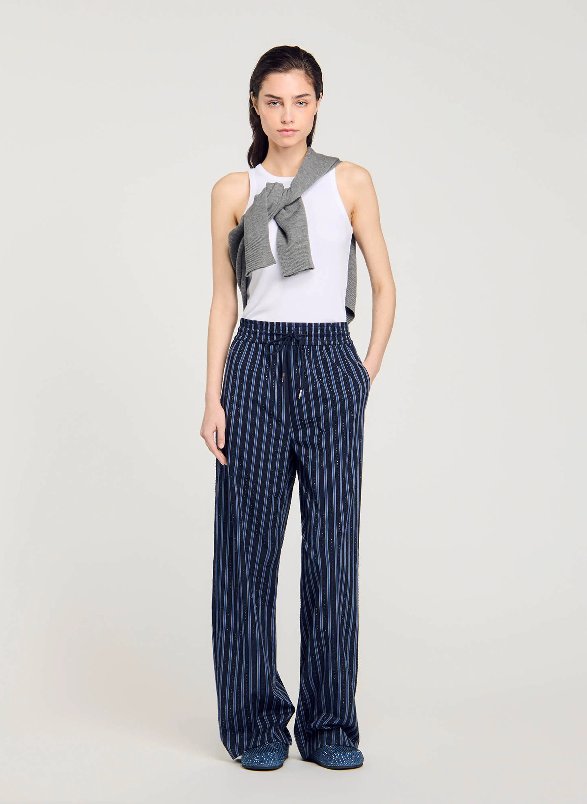 Pantalon large droit en coton rayé | Bleu