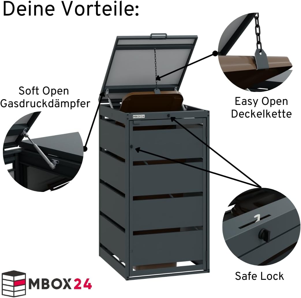 Classic Mülltonnenbox für 2 Mülltonnen (240L) aus verzinktem Stahl, 2er Metall Mülltonnenverkleidung in Anthrazit, robust & wetterfest