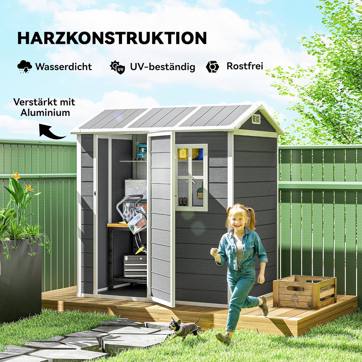 Outsunny Gerätehaus Kunststoff 2,1m² 186 x 130 x 199cm Geräteschuppen mit Satteldach Boden Fenster Abschließbarer Tür wetterfest Gartenhaus Outdoor Garten Schuppen für Hinterhof Grau