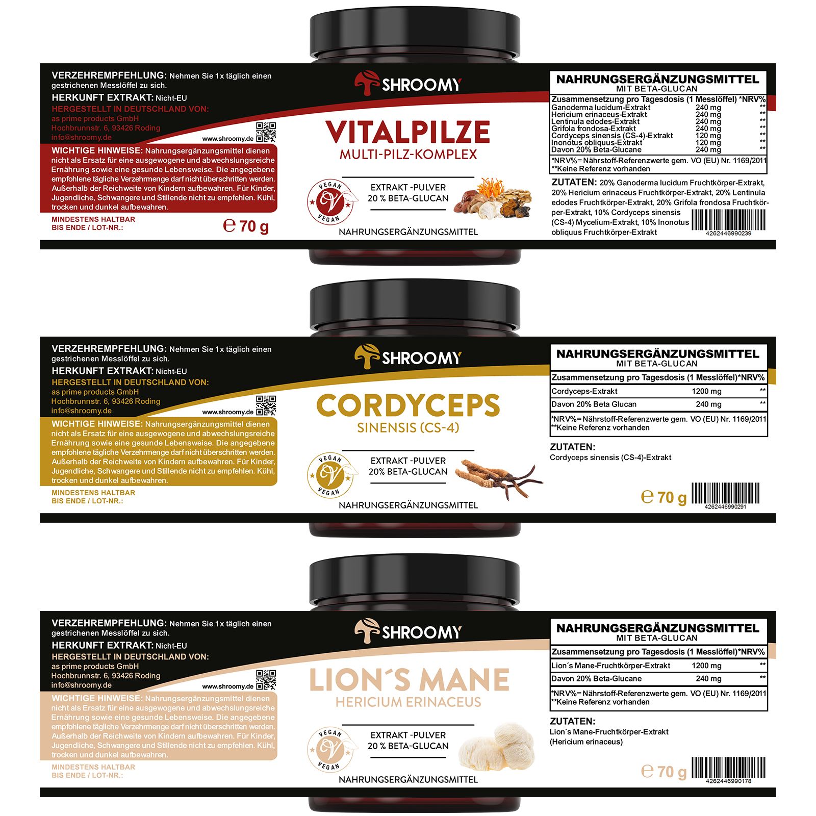 SHROOMY Lions Mane, Cordyceps und Vitalpilze Extrakt Pulver im Set