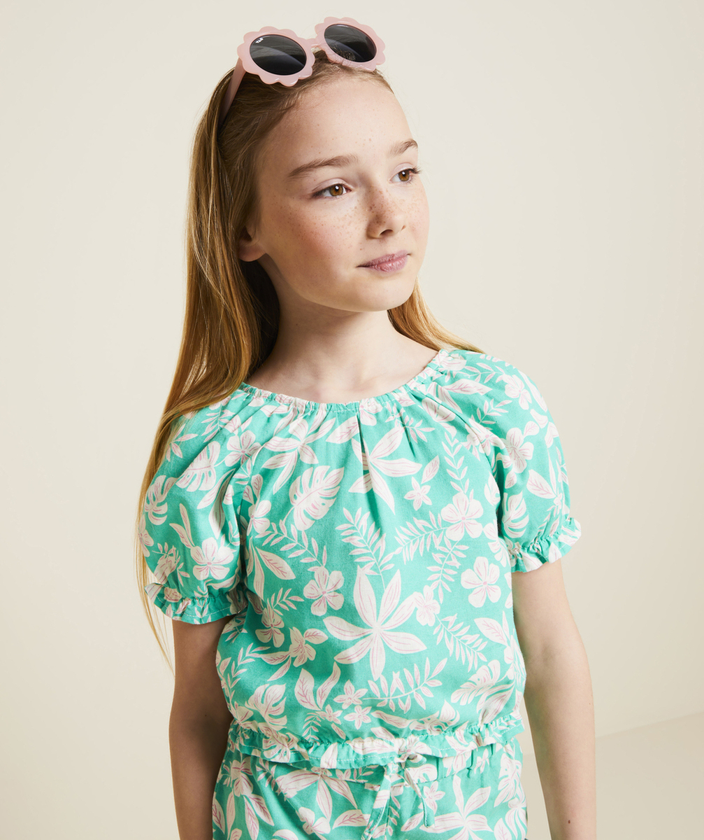 blouse manches courtes fille verte avec imprimé hawaïen