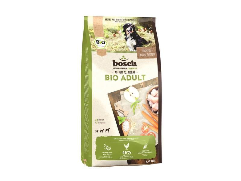 Bosch Tiernahrung Trockenfutter Bio Adult Huhn & Apfel, 1 k Alleinfuttermittel Bio für ausgewachsene Hunde