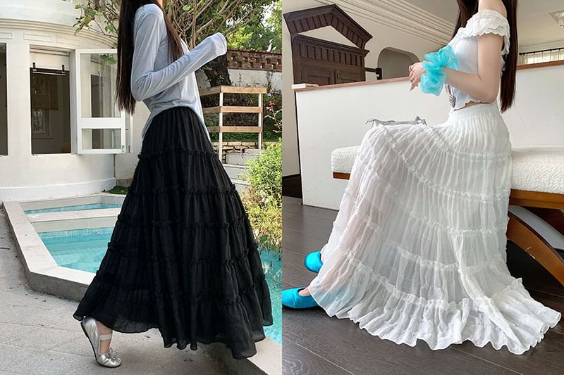 Tel tot 10 - Maxi A-lijn rok met elastische taille en ruches