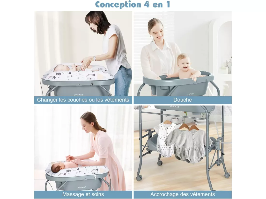 Table à Langer 2 en 1 avec Baignoire 20L Plateau de Rangement, Commode à Langer Pliable Couches Étanches Roue Universelle à Frein Charge 35KG, pour Bébé 0-12 Mois,Gris