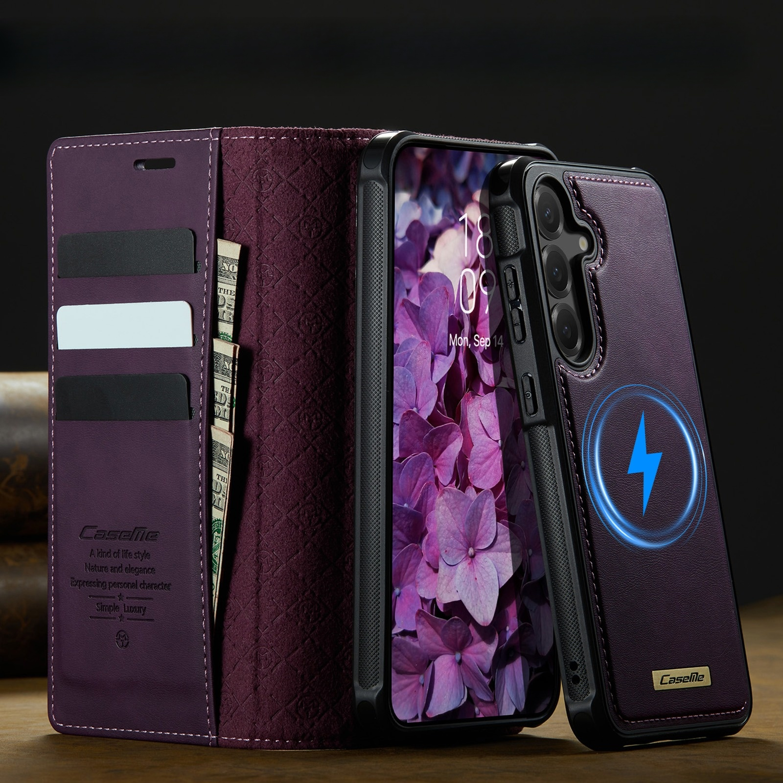 Samsung Galaxy S24 FE 2in1 Leder Tasche   Magnet Hardcase Karten Etui MagSafe-Modul (RFID Schutz) - Lila