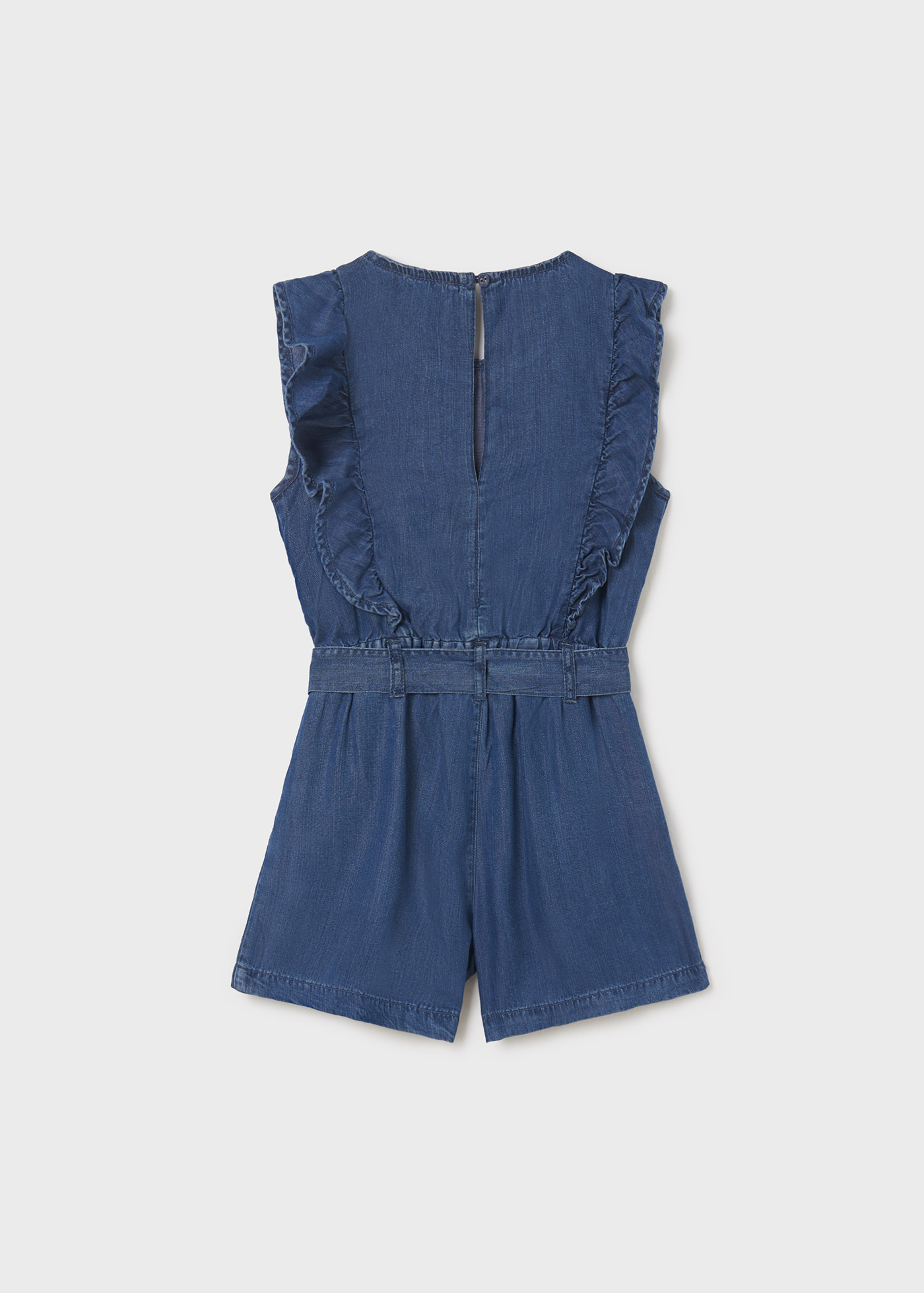 Macacão jeans infantil com babados em TENCEL™ Lyocell
