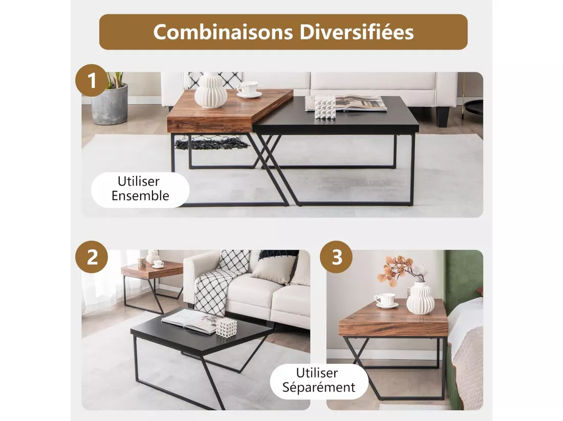 Lot de 2 tables basses gigognes avec cadre métal, patins rotatifs à 360°,120 x 60 x 46 cm