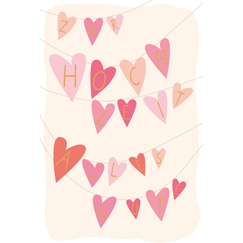 ABC Hochzeitskarte, 12.5 x 17.6 cm, Wäscheleine mit Herzen