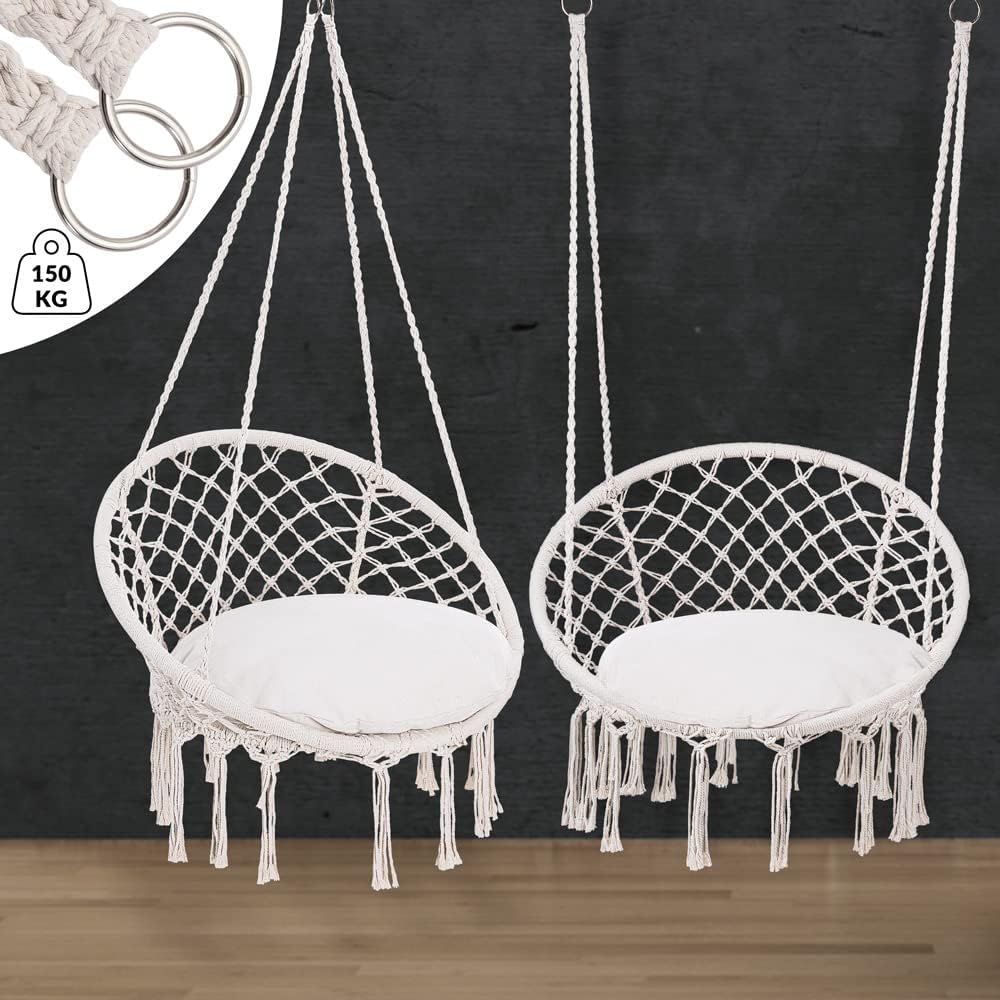 DETEX® Hängesessel bis 150kg Belastbar Boho Stil Wetterfest GS-Zertifiziert Garten 360° Drehbar Creme Hängestuhl Indoor & Outdoor inkl. bequemer Kissen