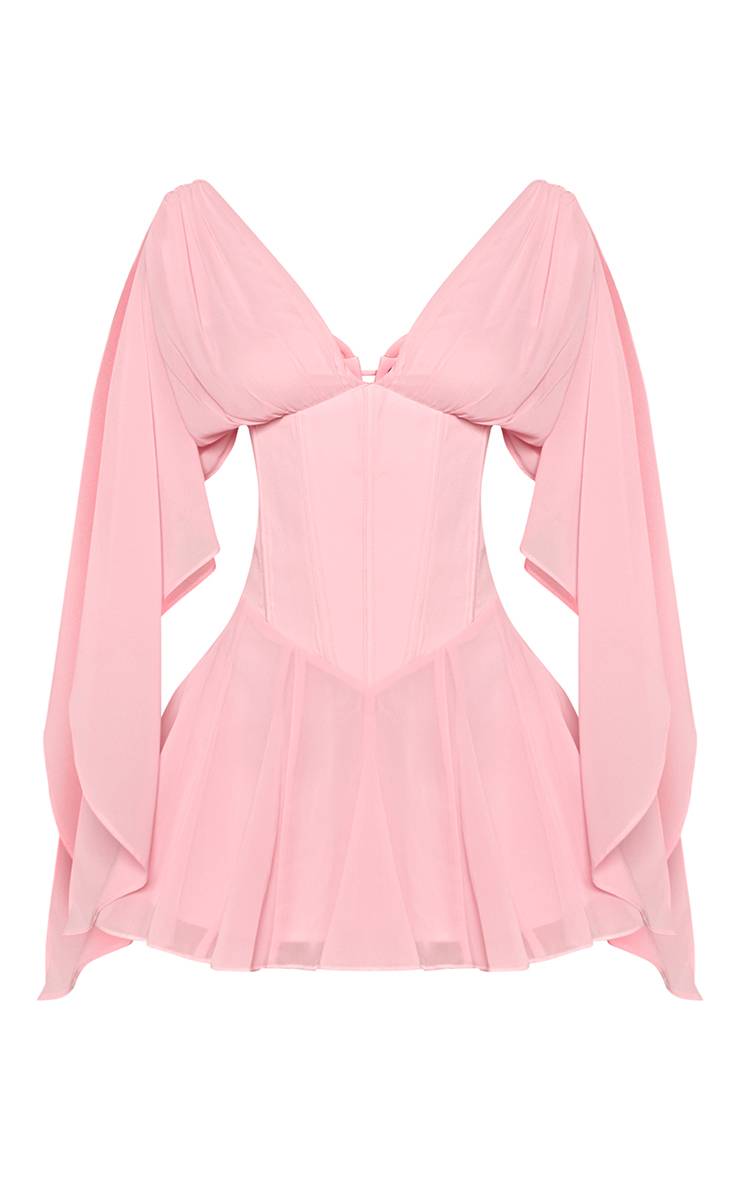 Rose Bébé Robe Mini Petite Taille À Taille Corset En Mousseline Avec Manches Drapées Et Jupe Godet
