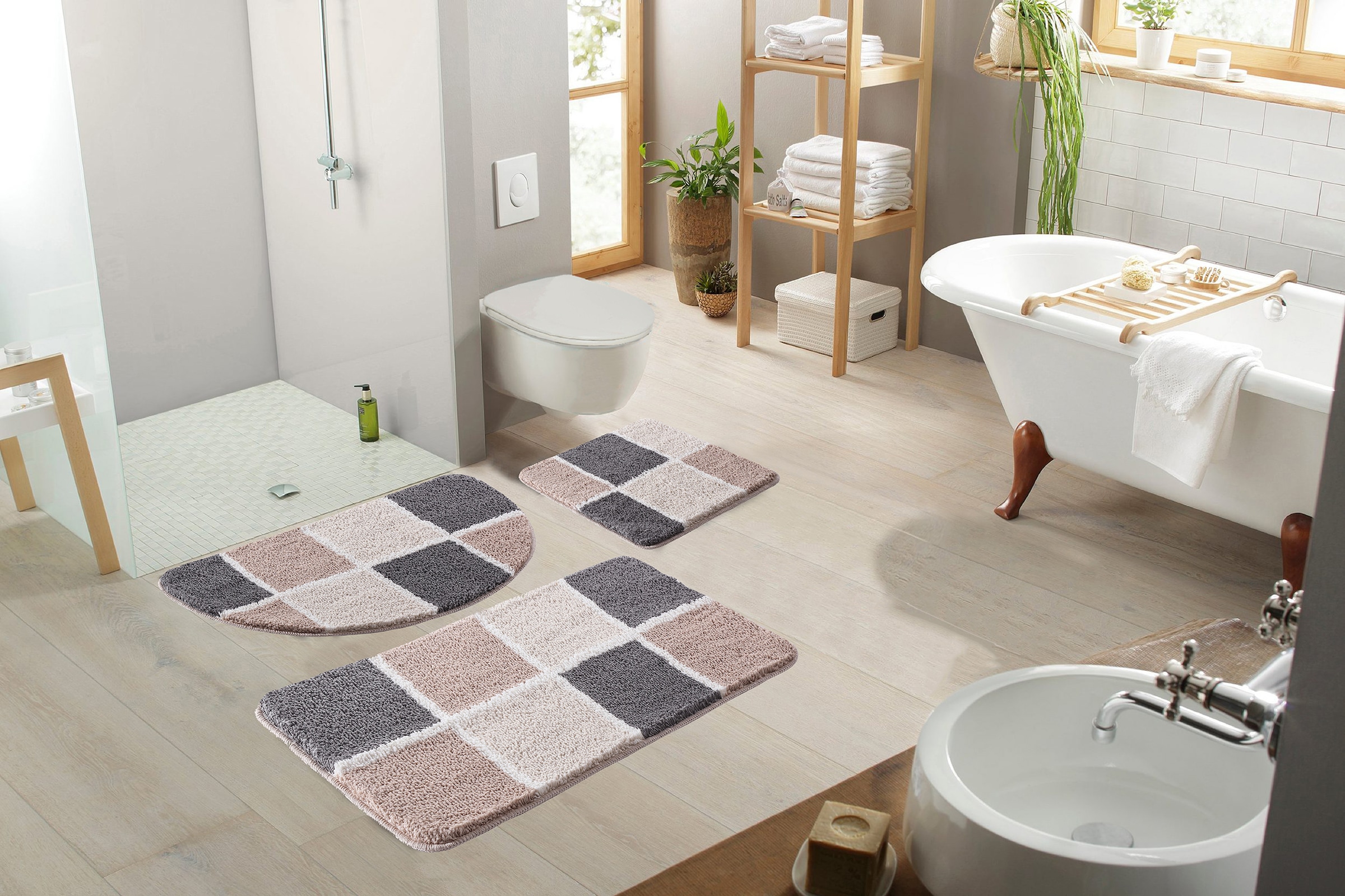 my home Badematte »Anna mit Kachelmuster, Badvorleger, Badezimmer Teppich, Duschvorleger« Höhe 20 mm rutschhemmend beschichtet strapazierfähig Badteppich, Hoch-Tief Effekt, Modern, Weich