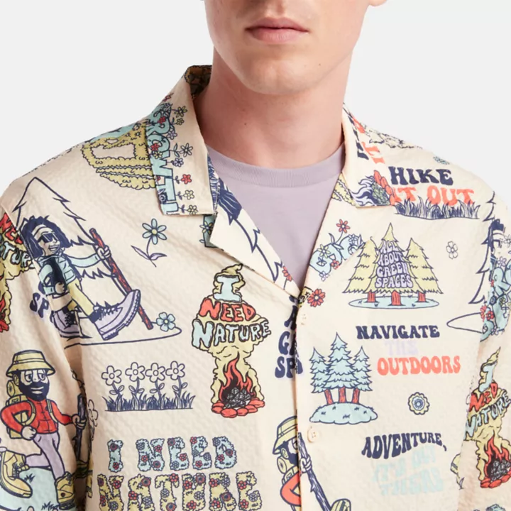 Chemise à motif et col cubain unisexe en beige
