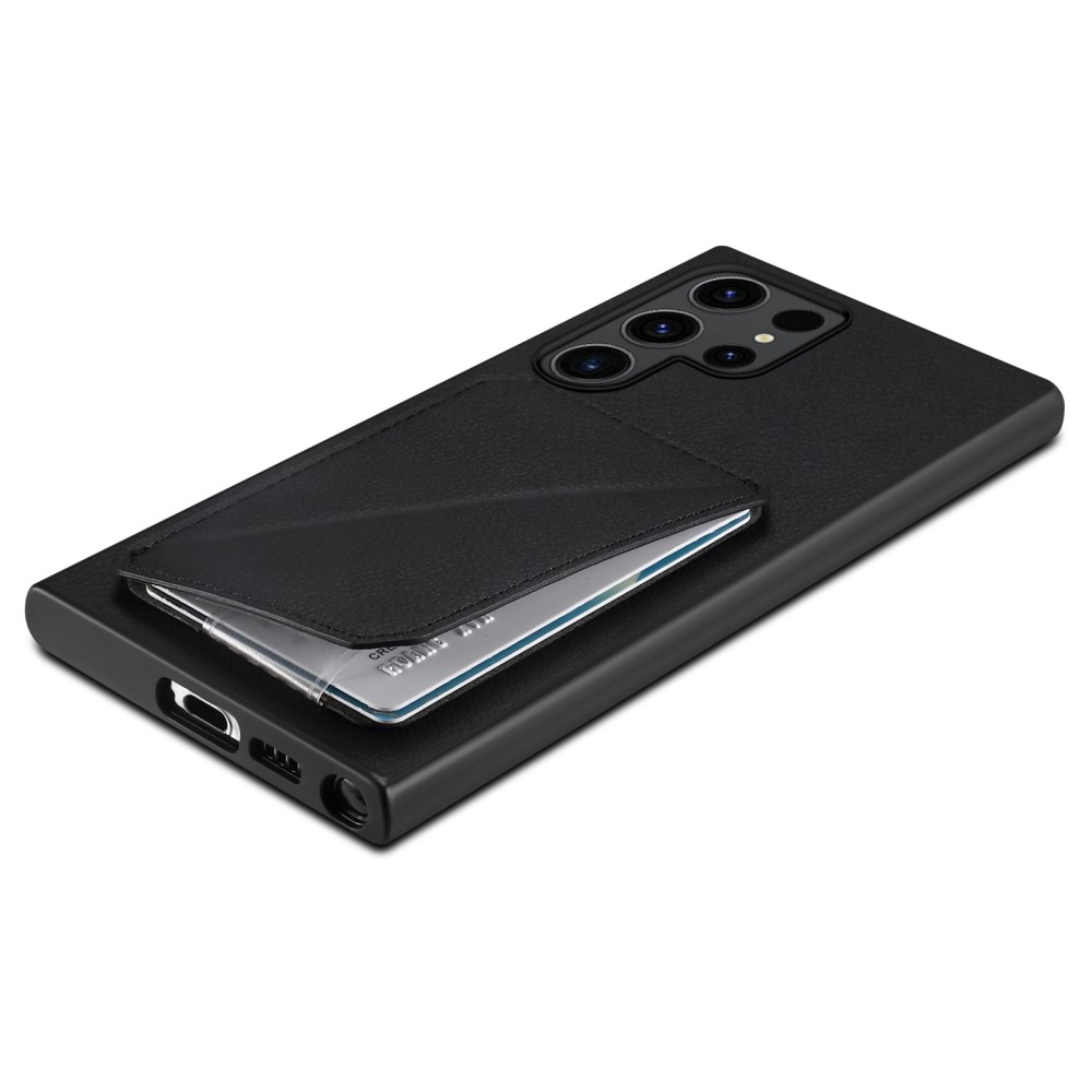 Samsung Galaxy S24 Ultra Leder Hülle mit Kartenfach   Origami Kickstand Aufsteller im Litchi Look - Schwarz