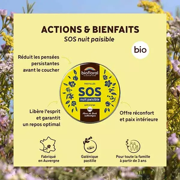 Pastilhas orgânicas Biofloral SOS Peaceful Night Relief 50g