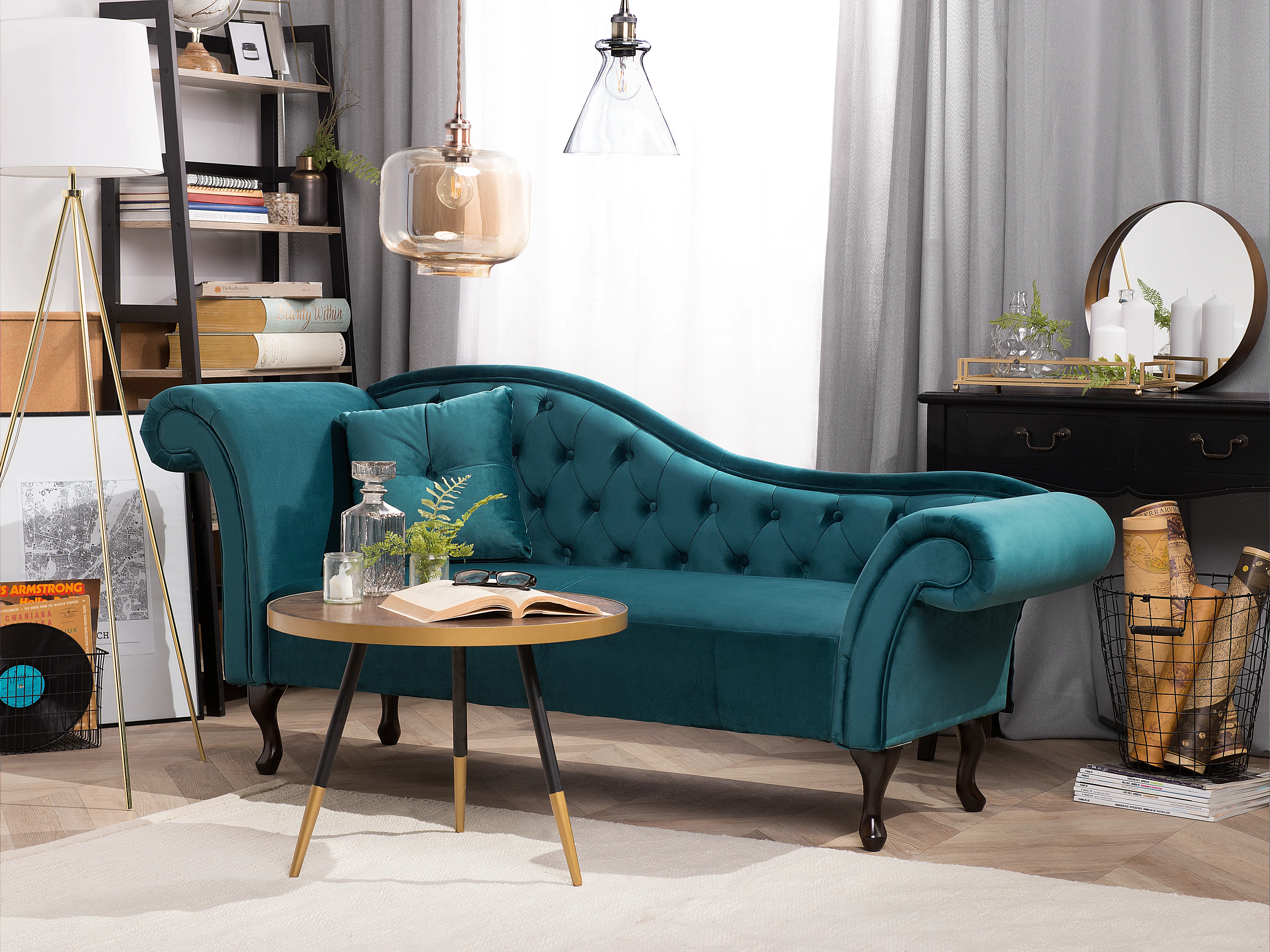 Linkszijdige chaise longue LATTES Fluweel Groenblauw