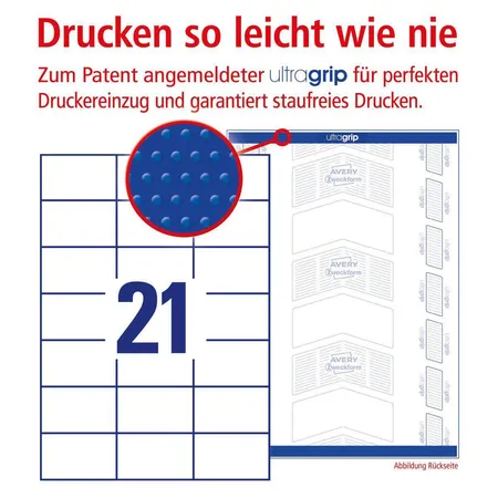 Avery Zweckform 3652 Universal-Etiketten,A4 mit ultragrip,Adressaufkleber 70 x 42,3 mm, 100 Bogen/2.100 Etiketten, weiß